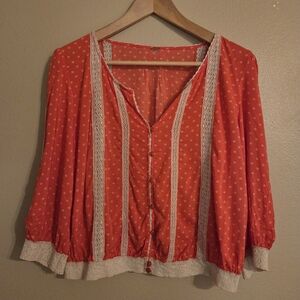 FREE PEOPLE Coral Cream Floral Crochet Peasent Sleeve Boho Blouse Women's Size S